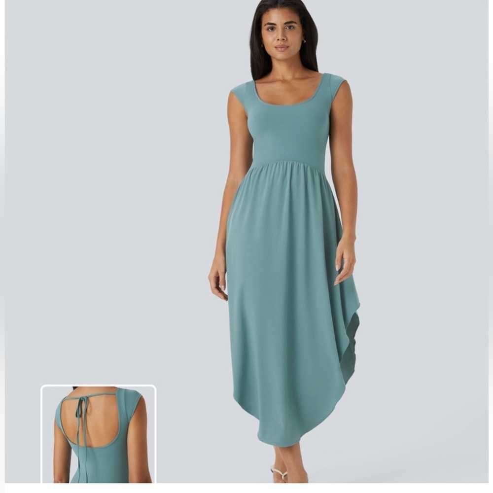HALARA Breezeful Backless Asymmetric Maxi dress Stone Blue XS NWT